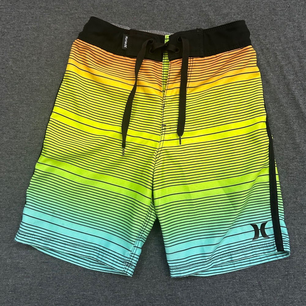Hurley‎ Boys Size 6 Board Shorts Ombre Striped Swim Trunks Orange Yellow Green